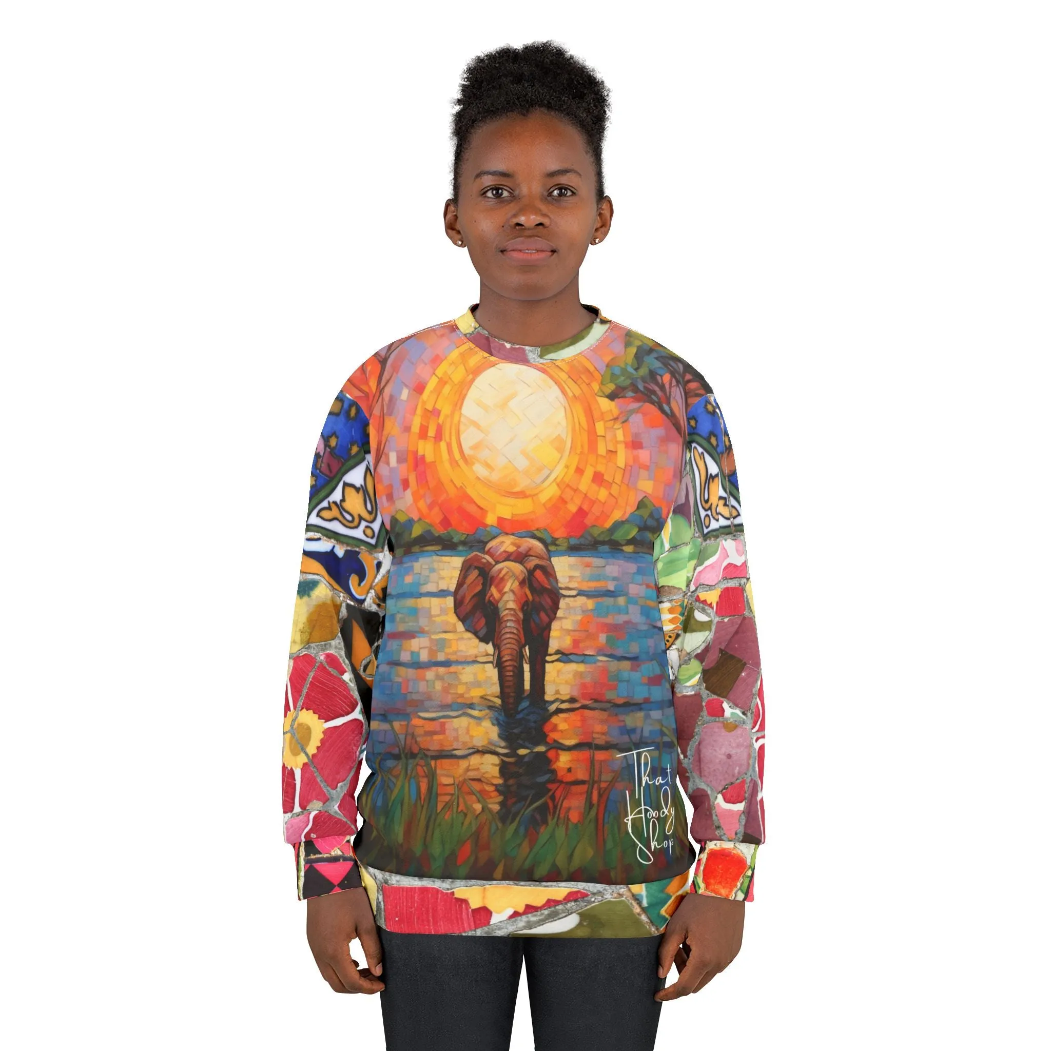 Elephant in African Savannah Mosaic Unisex Sweatshirt (Gold Label)