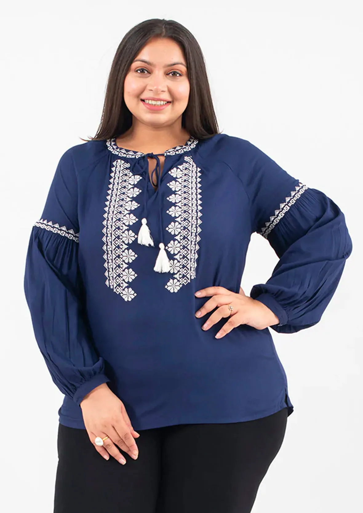 Embroidered Top With Balloon Sleeves