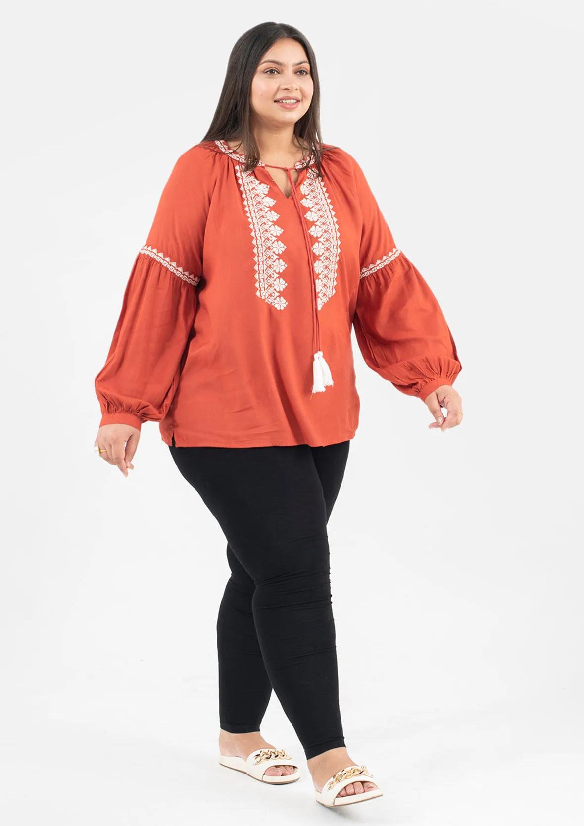 Embroidered Top With Balloon Sleeves