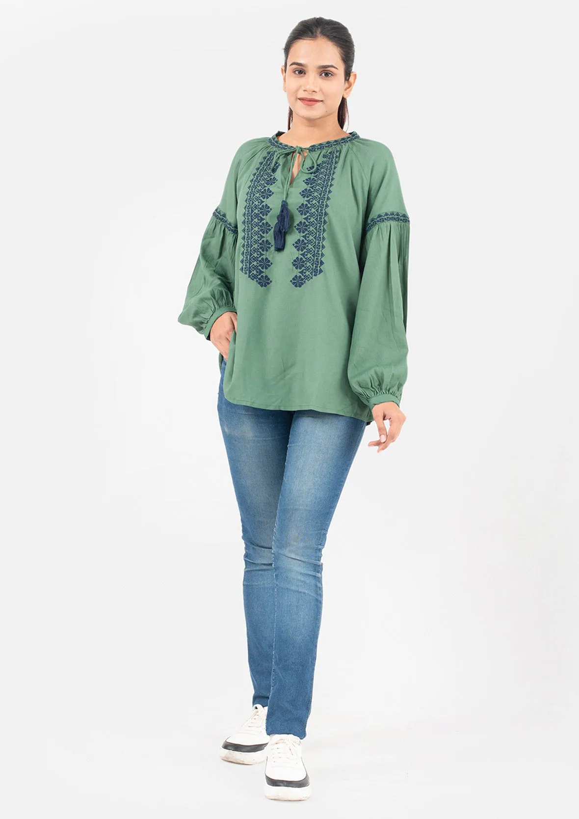 Embroidered Top With Balloon Sleeves