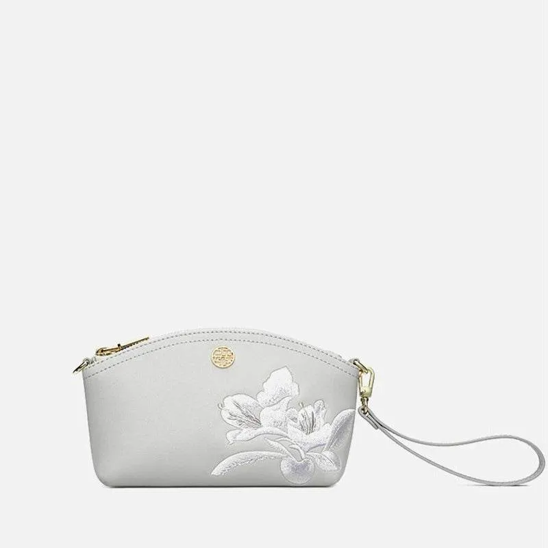 Embroidery Leather Grey Camellia Women Handbag Wallet