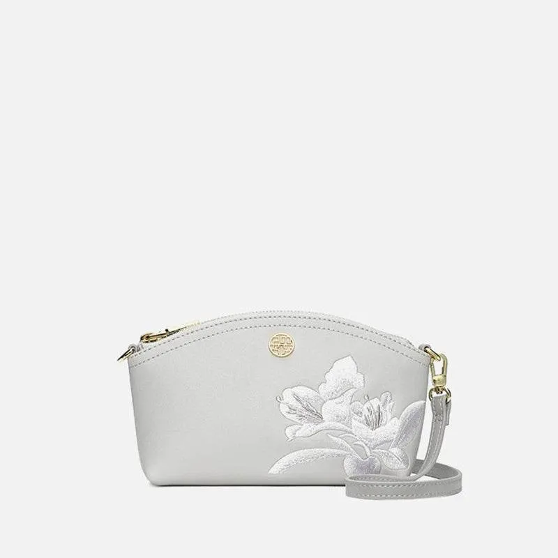 Embroidery Leather Grey Camellia Women Handbag Wallet