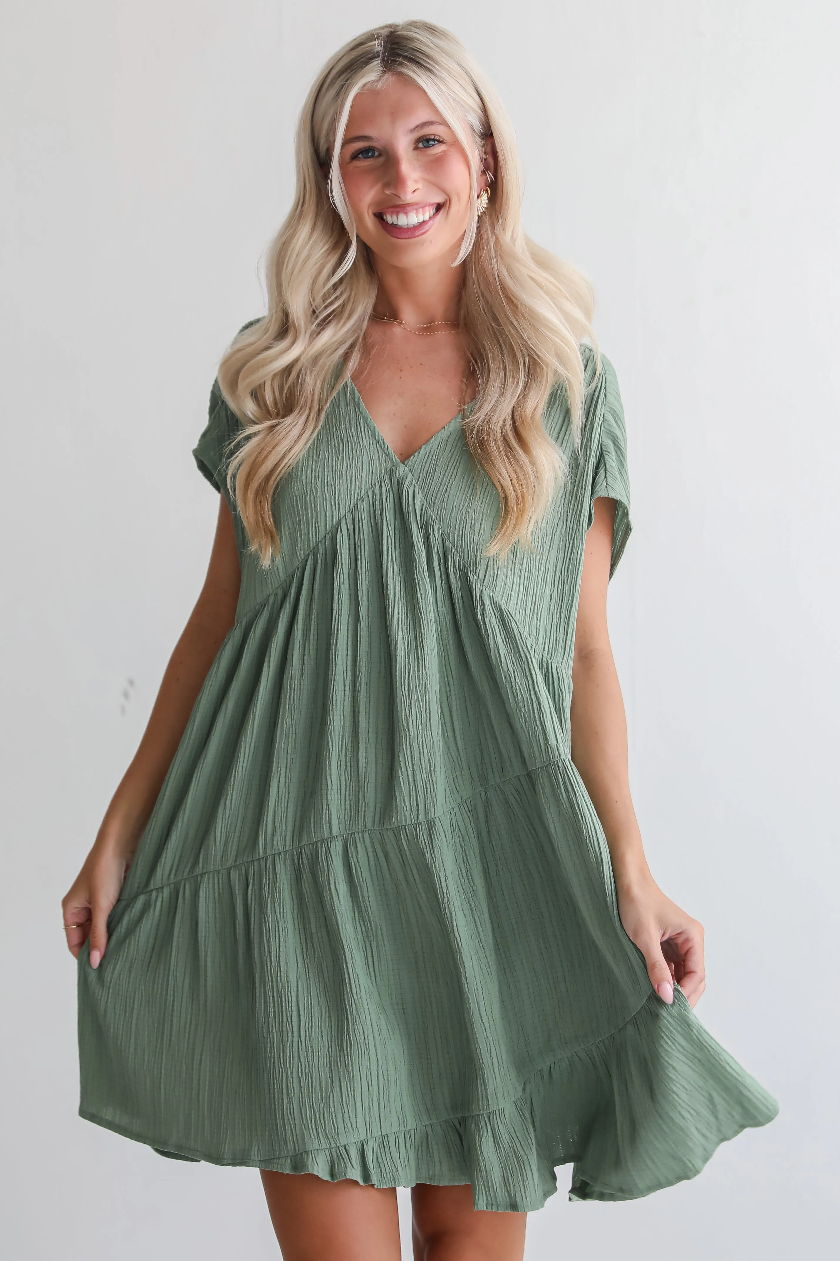 FINAL SALE - Pleasant Personality Olive Tiered Mini Dress