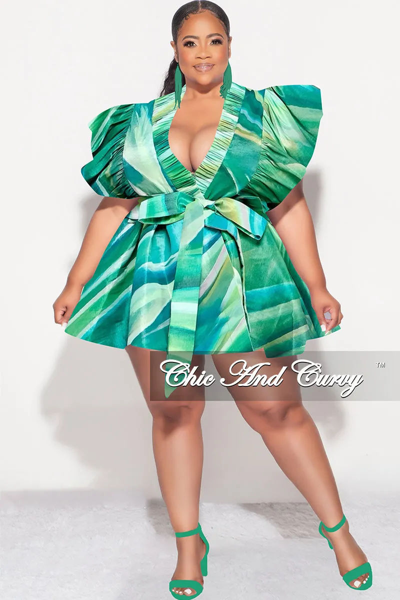 Final Sale Plus Size Ruffle Trim Babydoll Bubble Dress with Cutout Back in Green Print