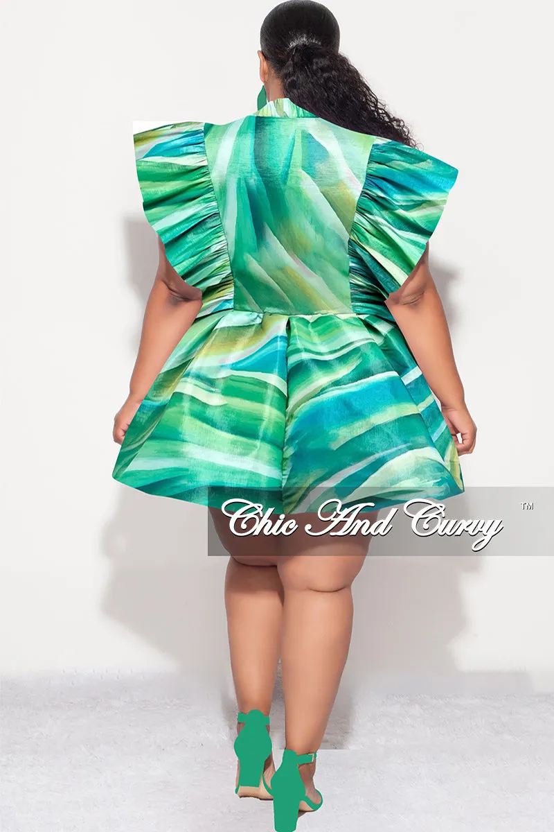 Final Sale Plus Size Ruffle Trim Babydoll Bubble Dress with Cutout Back in Green Print