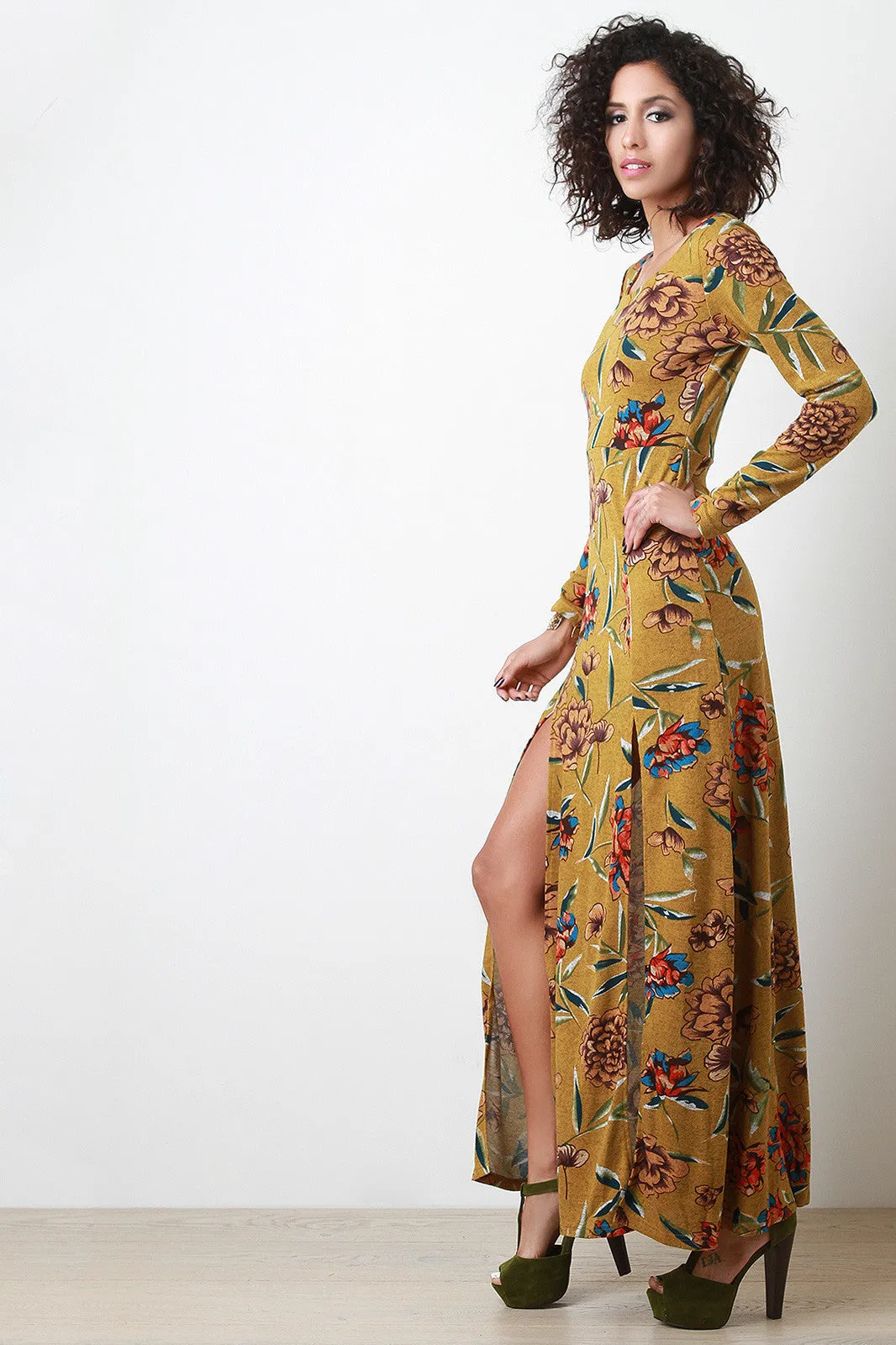 Floral Slit Maxi Sweater Long Sleeved Dress