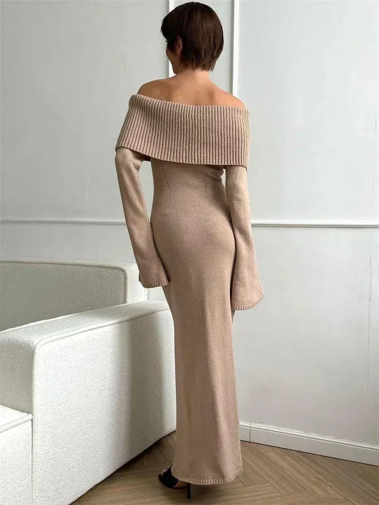 Flytonn White Autumn Knit Sweater Long Dress Women Ribbed High Waist Fashion Off-Shoulder Loose Party Dress Female Knitwear Dress