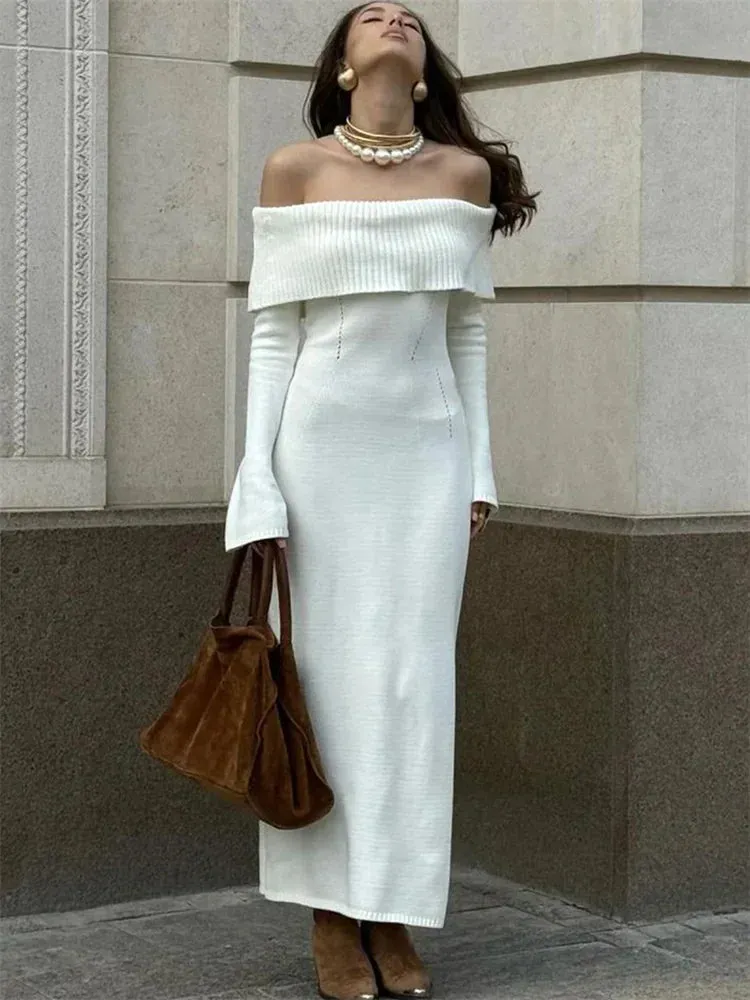 Flytonn White Autumn Knit Sweater Long Dress Women Ribbed High Waist Fashion Off-Shoulder Loose Party Dress Female Knitwear Dress