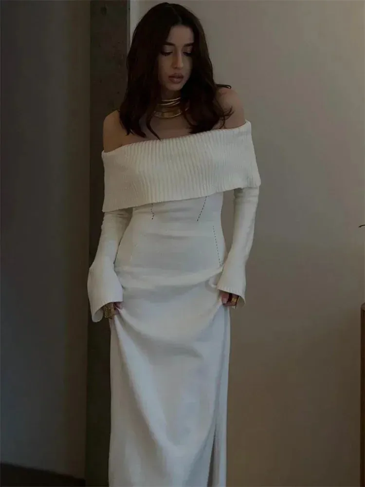 Flytonn White Autumn Knit Sweater Long Dress Women Ribbed High Waist Fashion Off-Shoulder Loose Party Dress Female Knitwear Dress