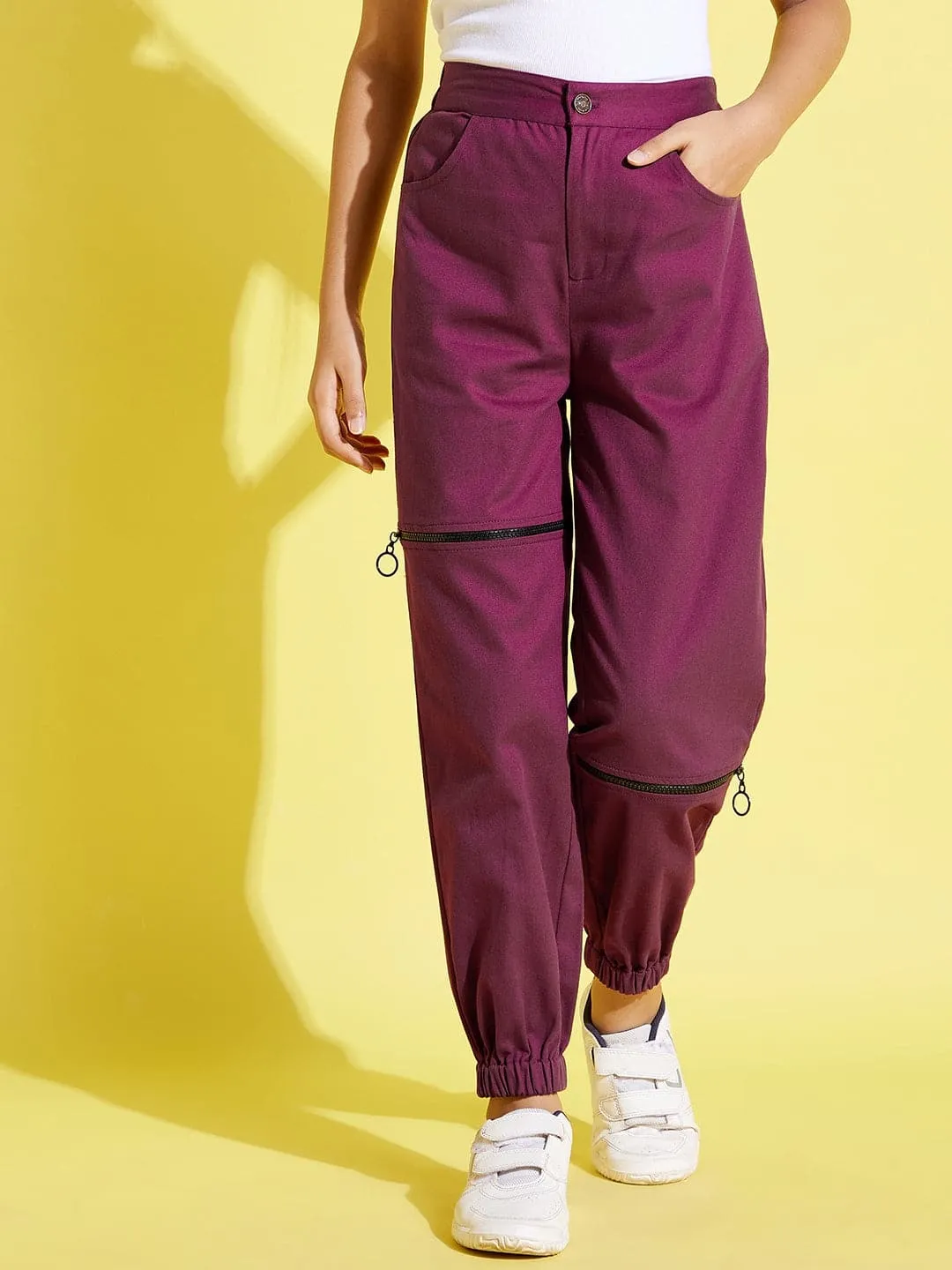 Girls Burgundy Front Zipper Twill Joggers - Lyush Kids