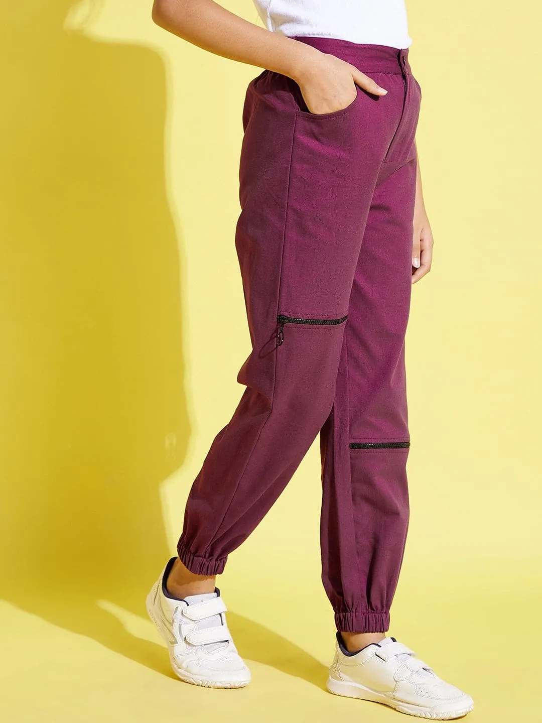 Girls Burgundy Front Zipper Twill Joggers - Lyush Kids