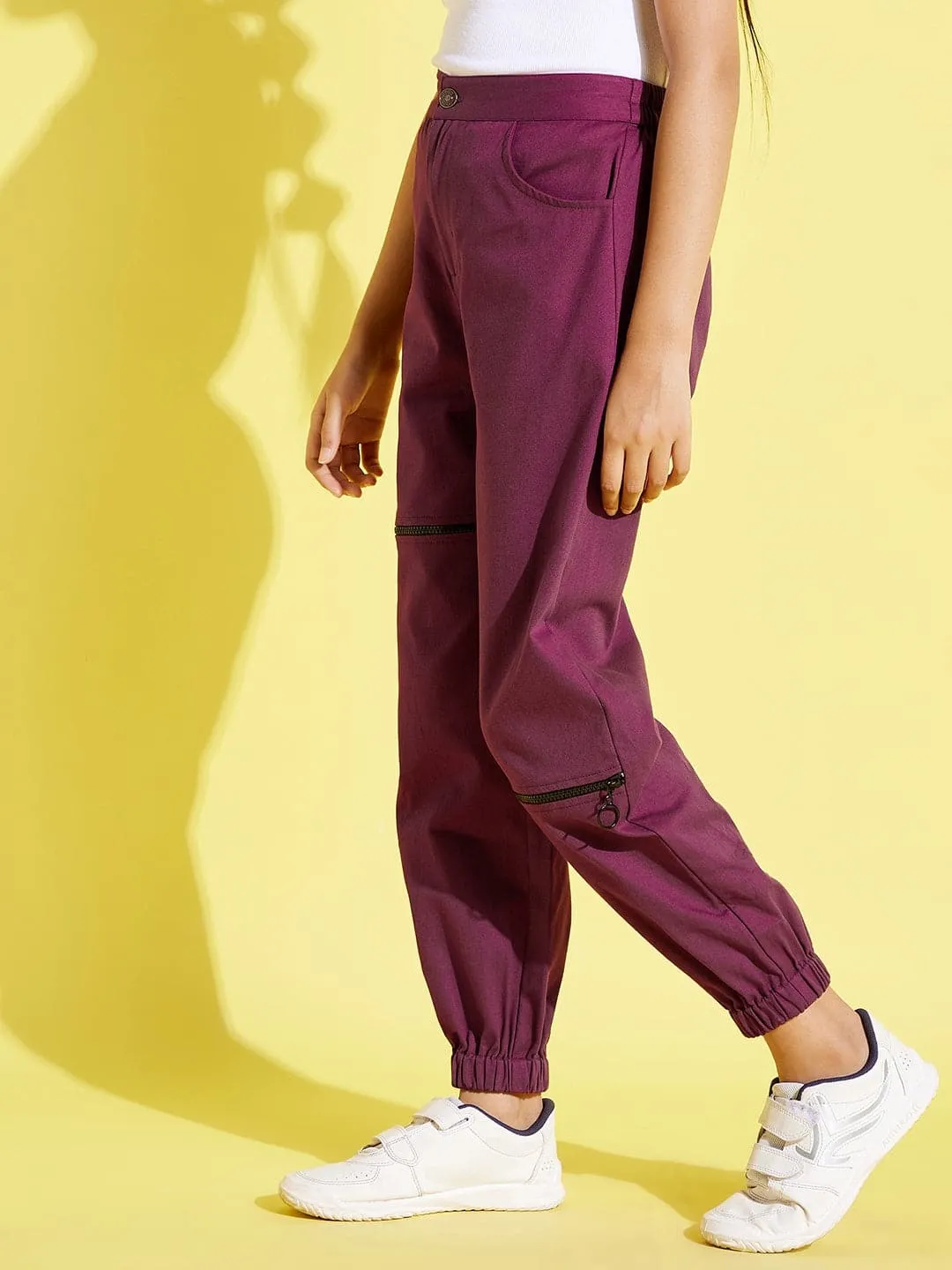 Girls Burgundy Front Zipper Twill Joggers - Lyush Kids