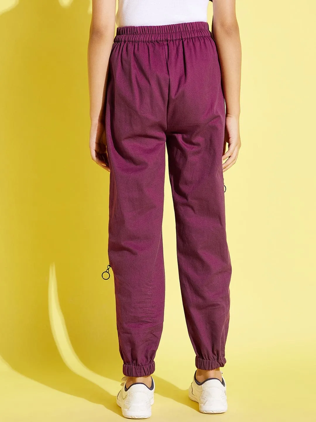 Girls Burgundy Front Zipper Twill Joggers - Lyush Kids