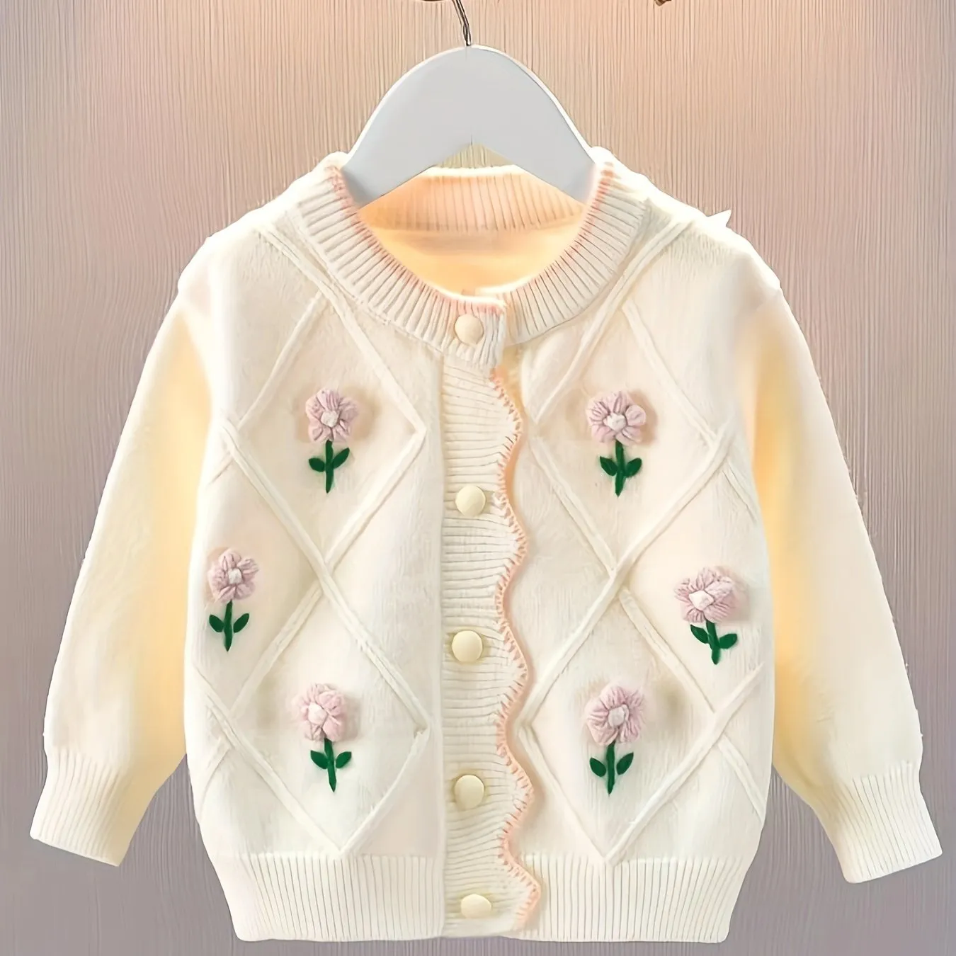 Girls Sweater Flower Cardigan, Spring And Autumn Clothes, New Little Girl Baby Outside Wear, Wool Korean Version Cute Flower Embroidery Children's Knitted Jacket