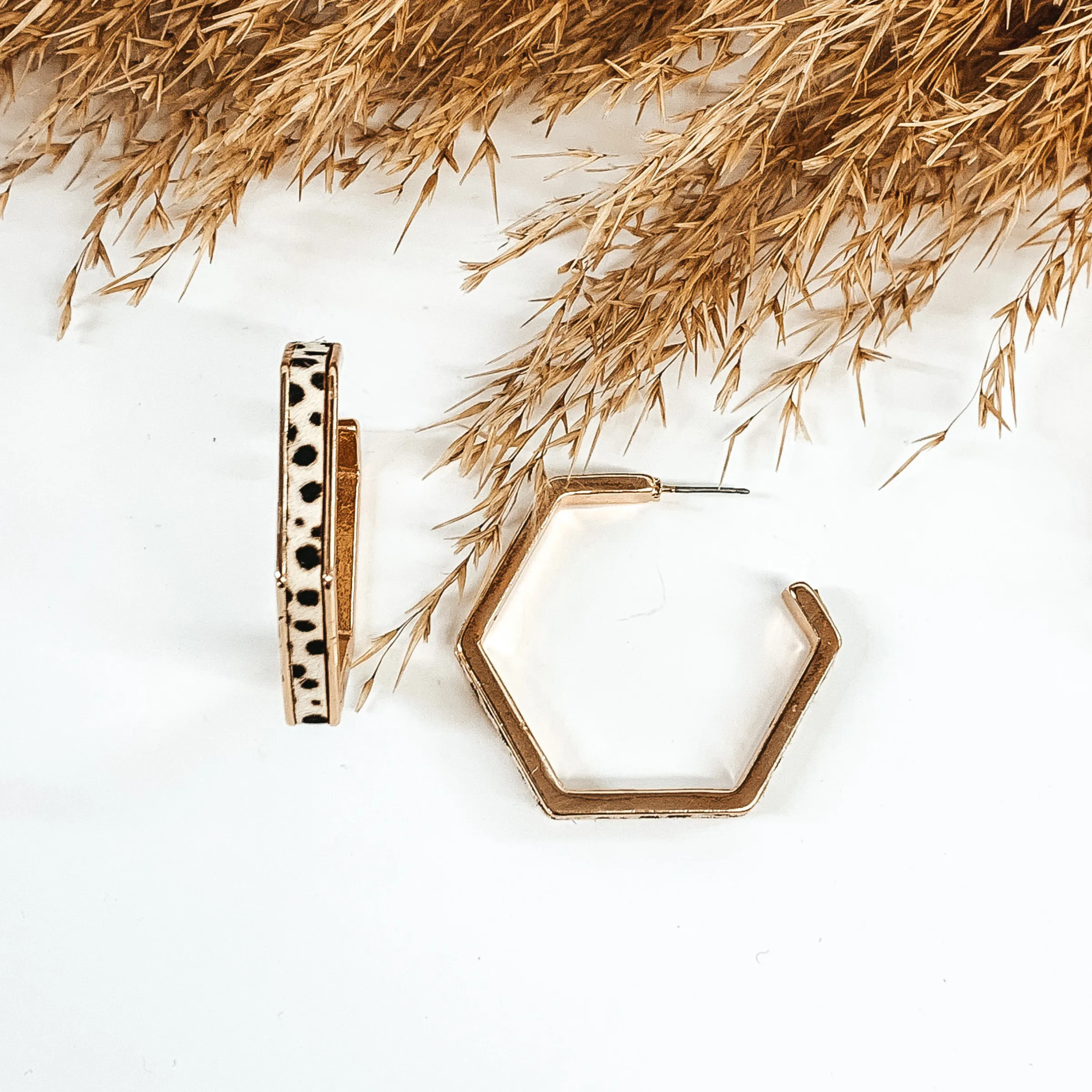 Gold Hexagon Hoops with Cow Hide Inlay in White Dotted