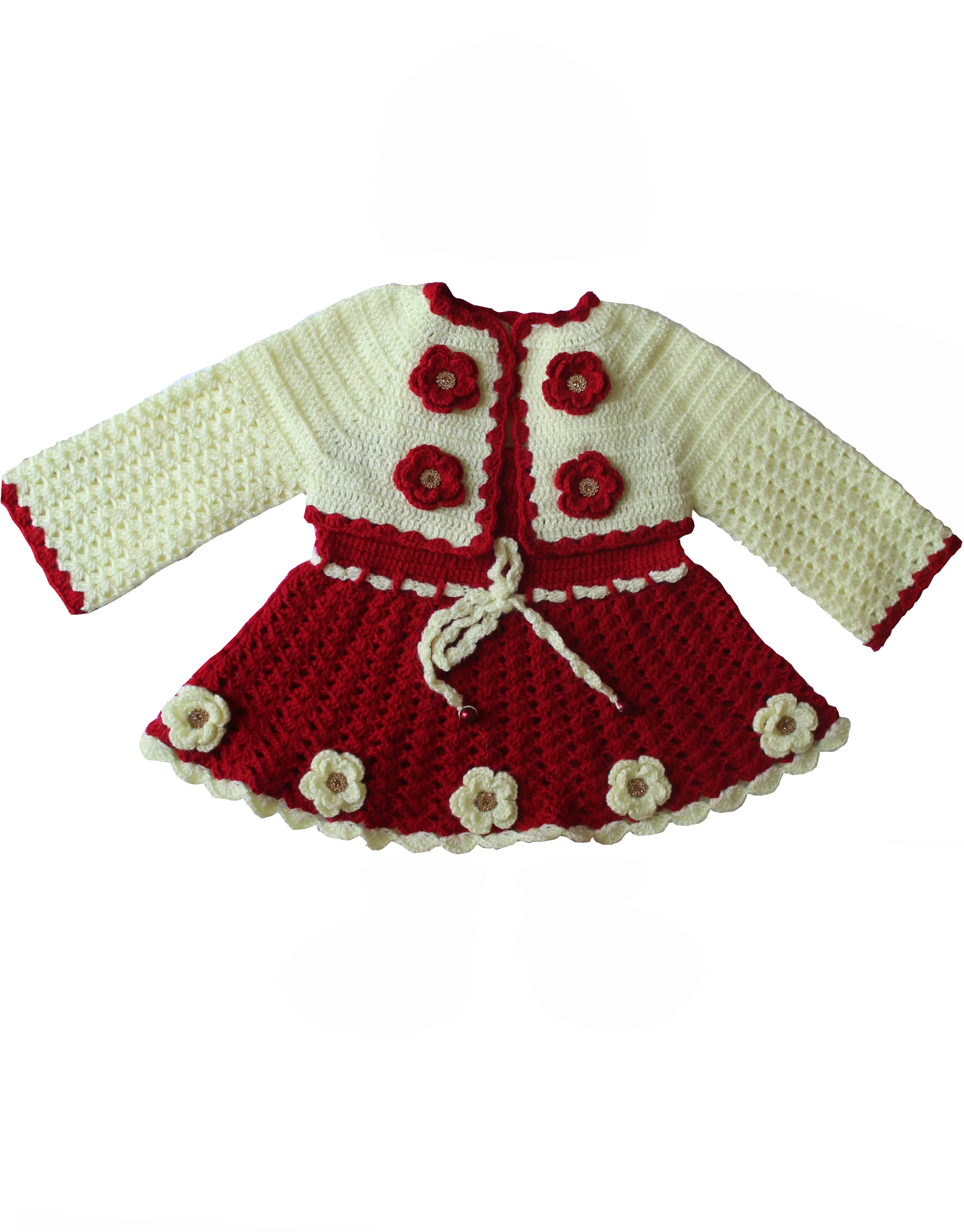 Graminarts Red and leman color vardhman wool Handmade baby woolen frock set Suitable for winter