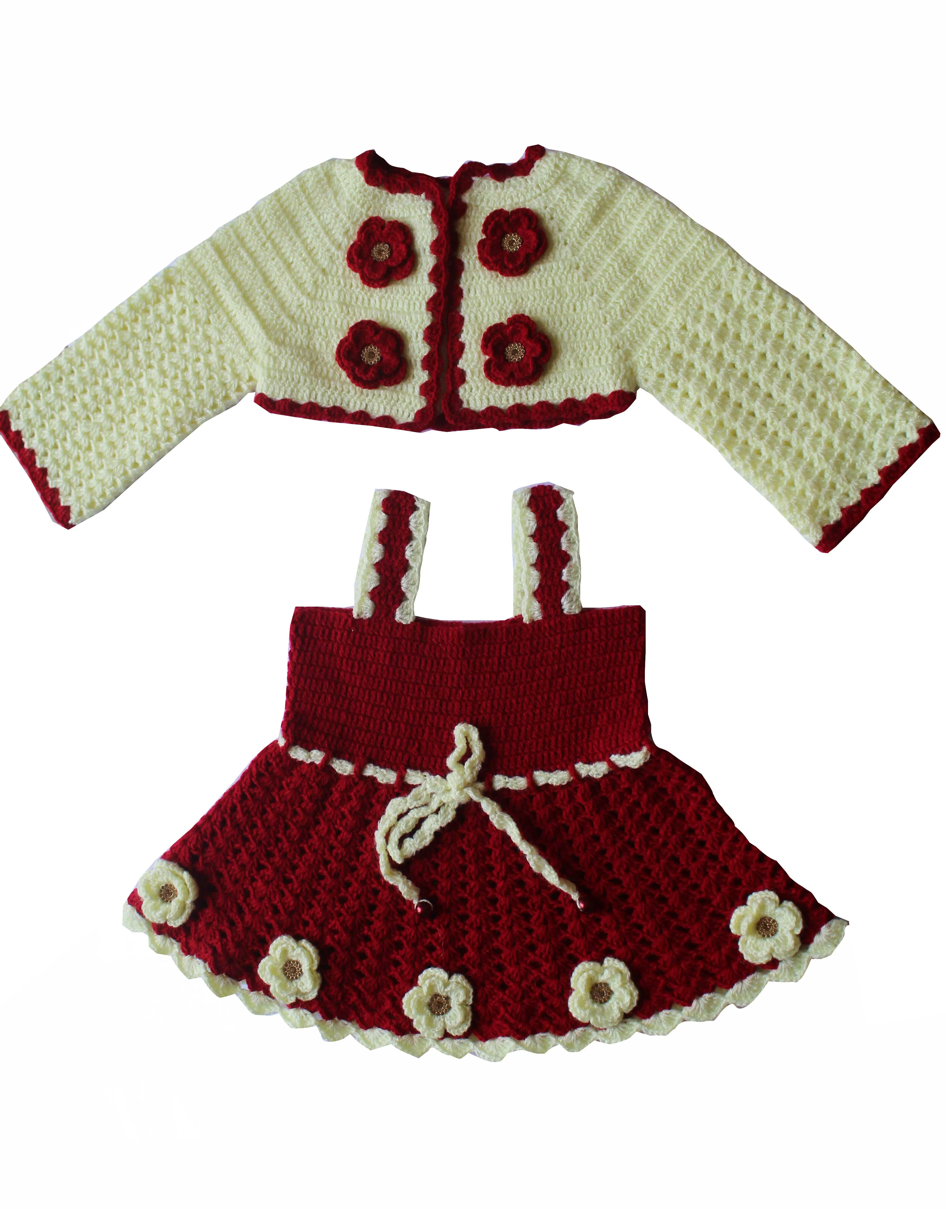 Graminarts Red and leman color vardhman wool Handmade baby woolen frock set Suitable for winter