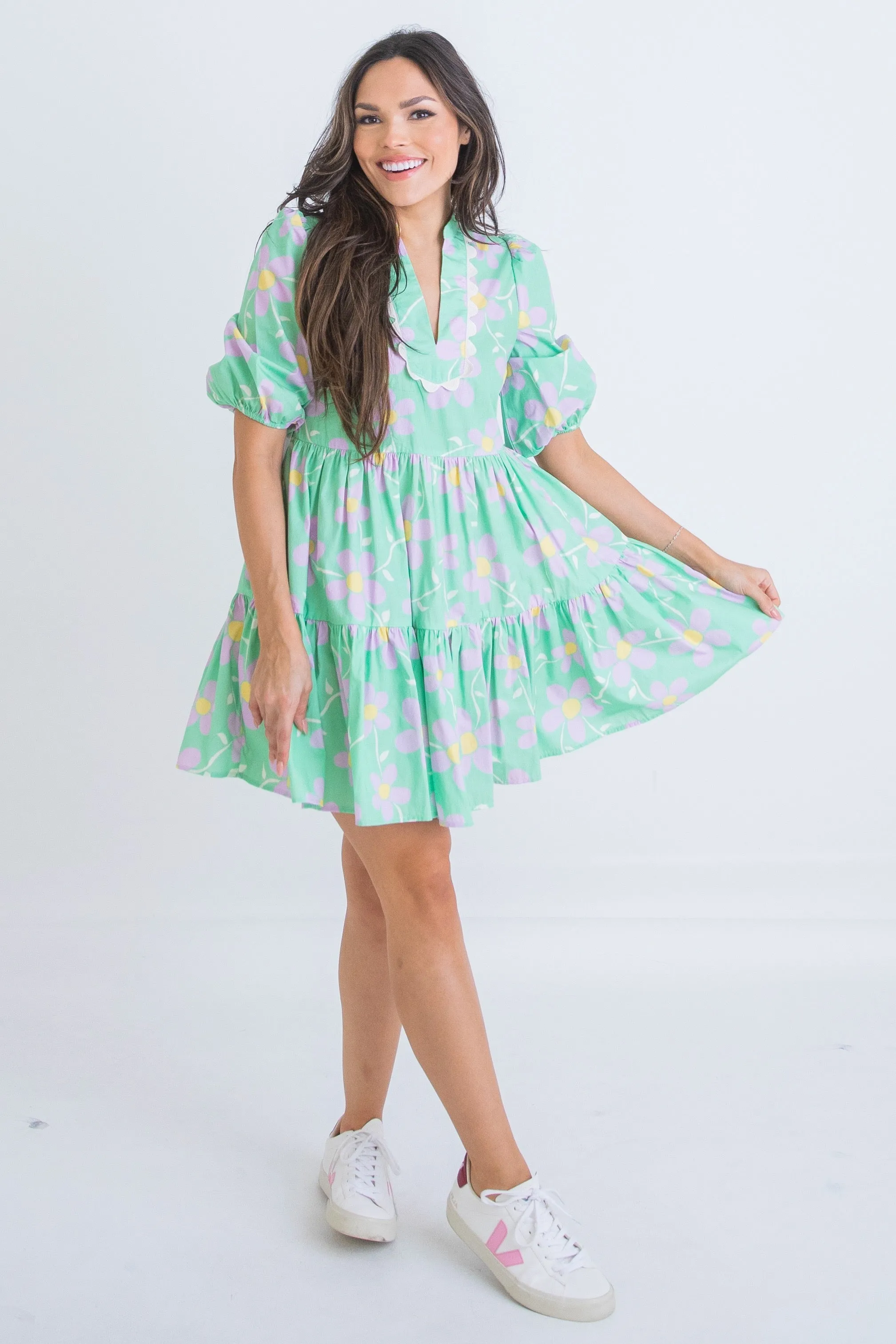 Green Daisy Babydoll Mini Dress