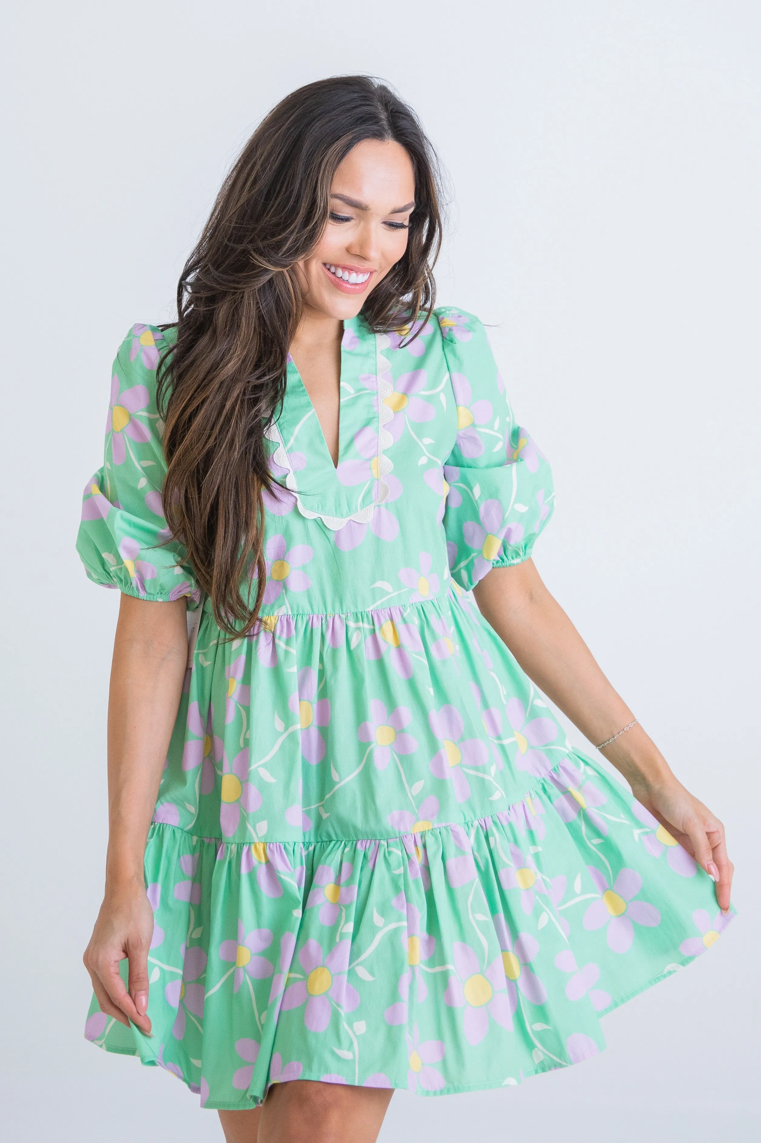 Green Daisy Babydoll Mini Dress