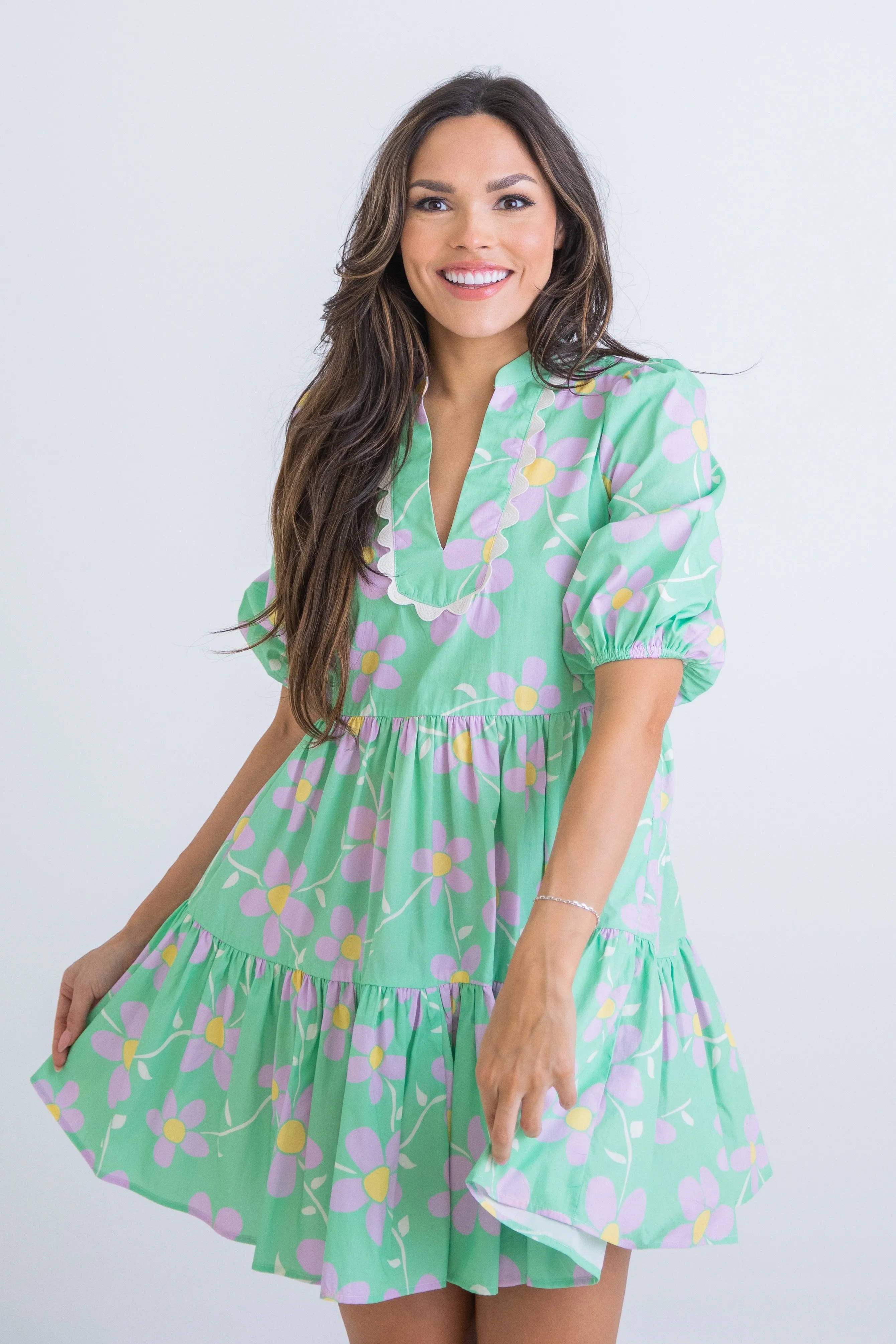 Green Daisy Babydoll Mini Dress