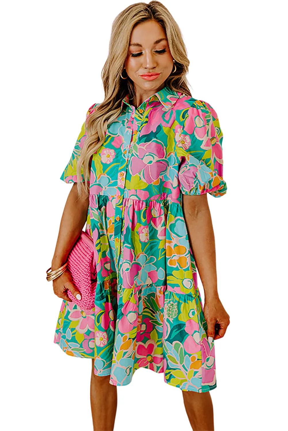 Green Floral Puff Sleeve Buttoned Babydoll Dress