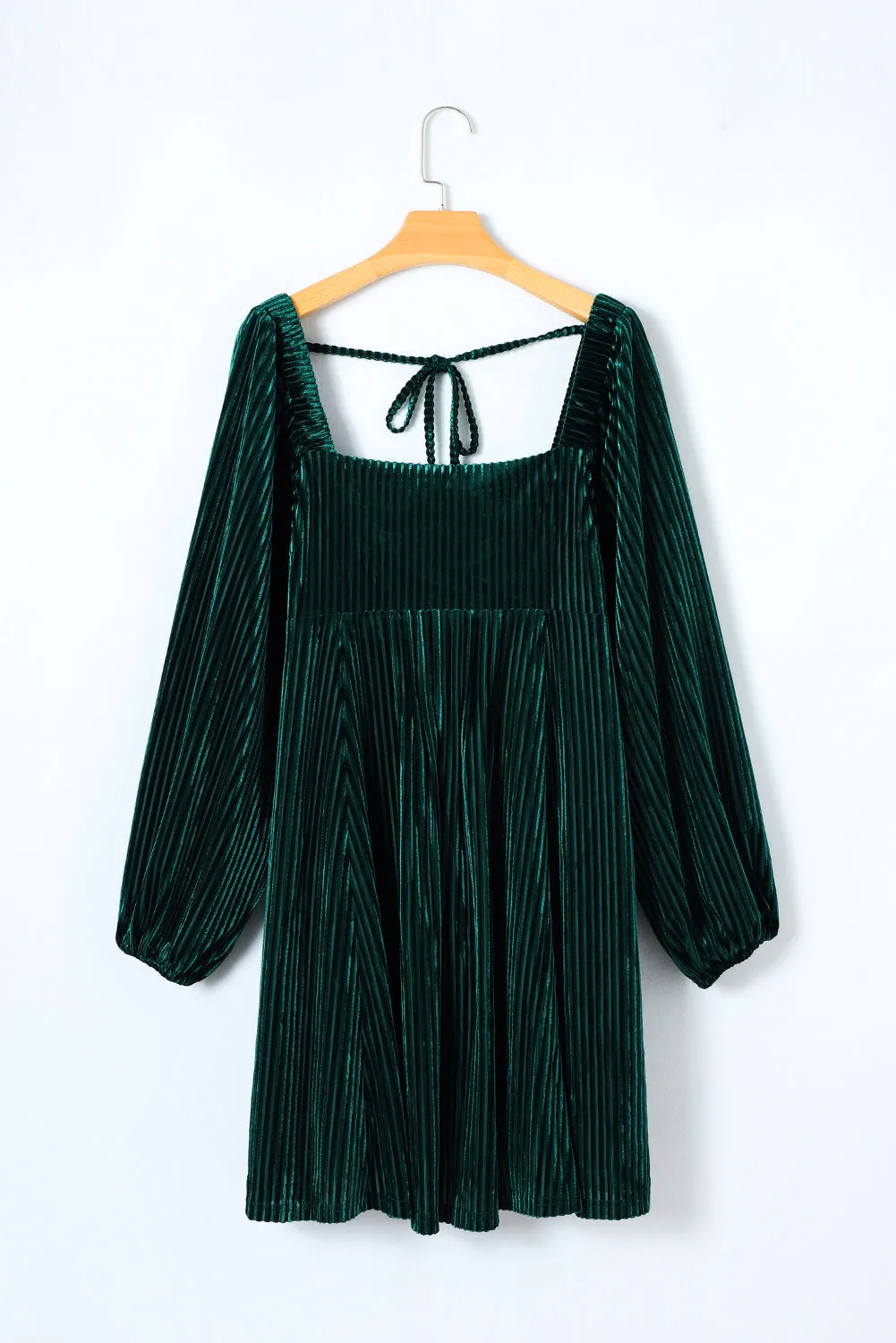 Green Tie Back Square Neck Velvet Babydoll Dress