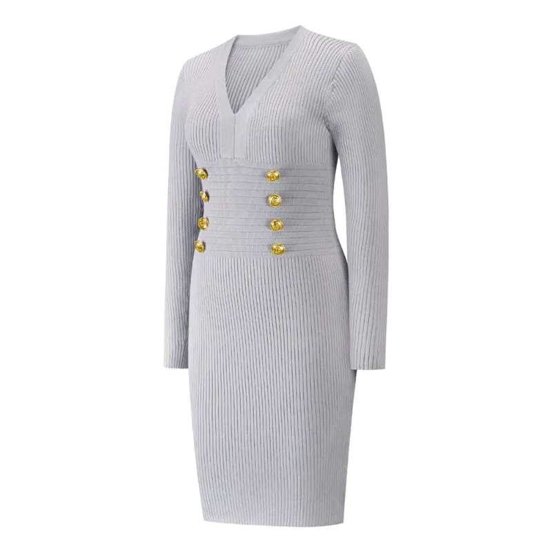 Grey Ribbed Knit Dress V Neck Button Down Elegant Midi Dress