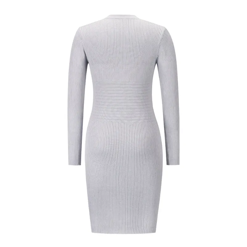 Grey Ribbed Knit Dress V Neck Button Down Elegant Midi Dress