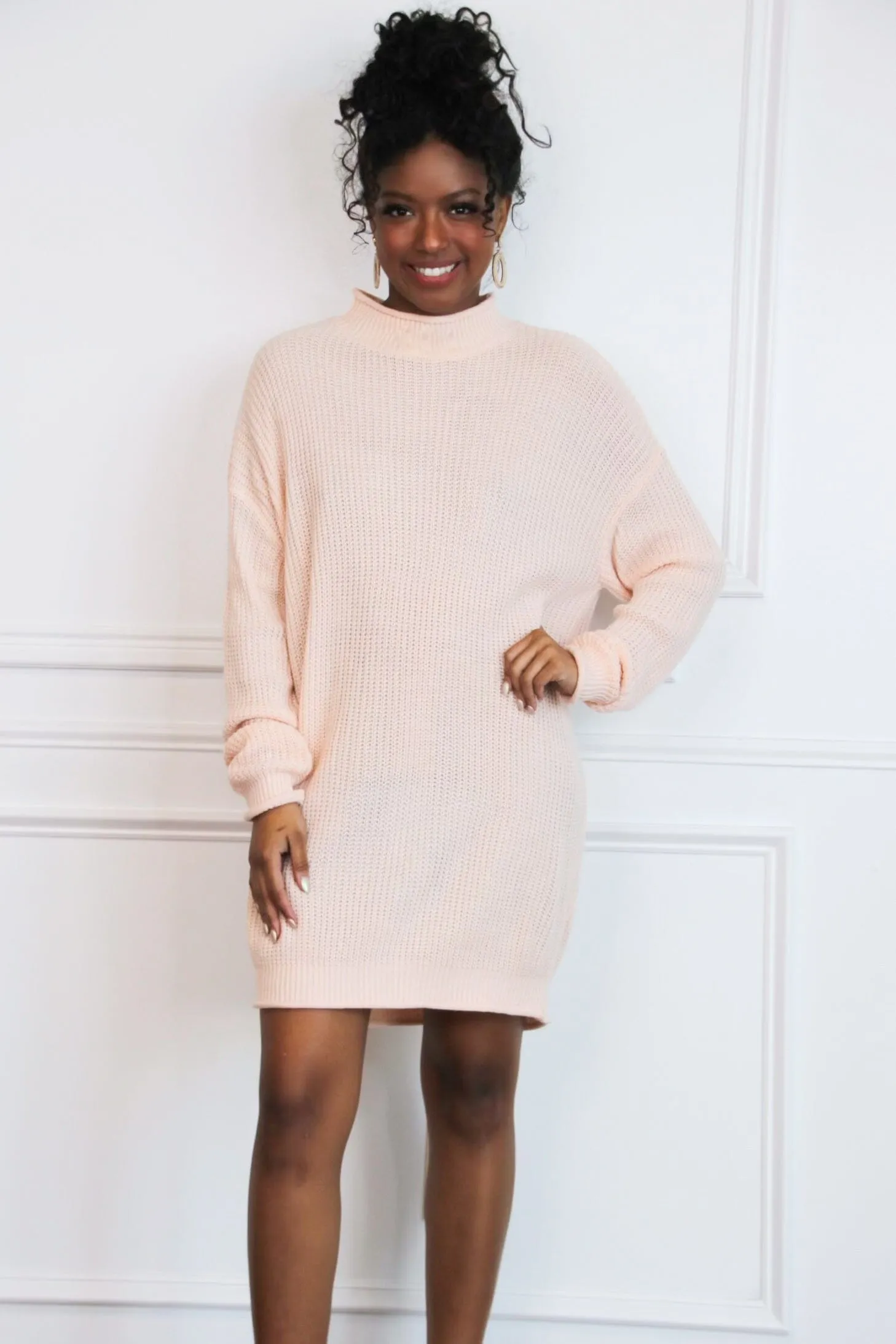 Harrison Mock Neck Sweater Tunic Dress: Pale Blush