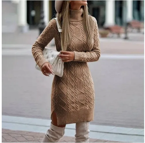 Hnzxzm dress to impress outfits Autumn and Winter Slim-Fit Long-Sleeved Pullover Knitted Lapel Sweater Solid Color Split Twist Midi Sweater Women's Skirt