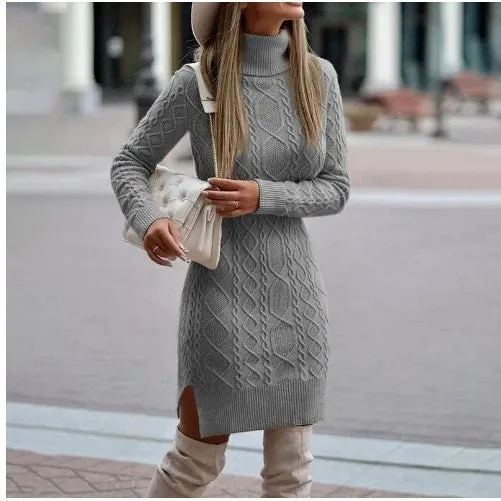 Hnzxzm dress to impress outfits Autumn and Winter Slim-Fit Long-Sleeved Pullover Knitted Lapel Sweater Solid Color Split Twist Midi Sweater Women's Skirt