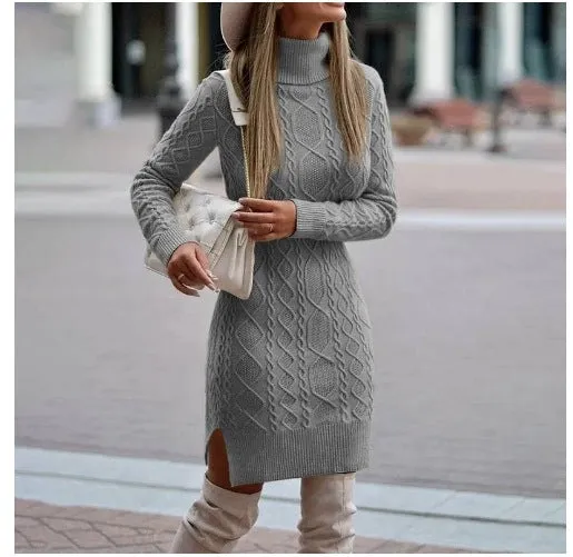 Hnzxzm dress to impress outfits Autumn and Winter Slim-Fit Long-Sleeved Pullover Knitted Lapel Sweater Solid Color Split Twist Midi Sweater Women's Skirt