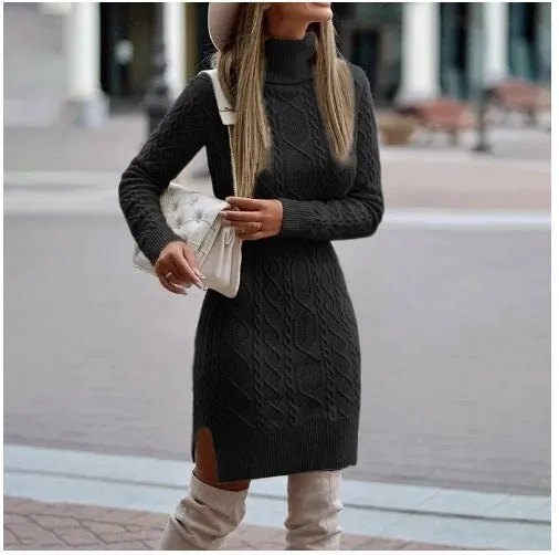 Hnzxzm dress to impress outfits Autumn and Winter Slim-Fit Long-Sleeved Pullover Knitted Lapel Sweater Solid Color Split Twist Midi Sweater Women's Skirt