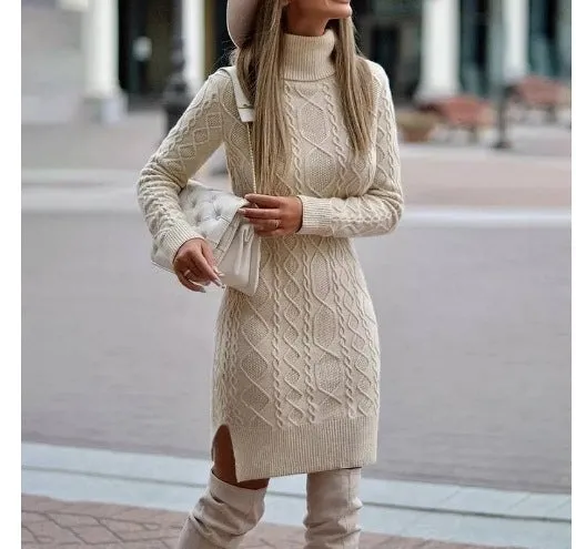 Hnzxzm dress to impress outfits Autumn and Winter Slim-Fit Long-Sleeved Pullover Knitted Lapel Sweater Solid Color Split Twist Midi Sweater Women's Skirt