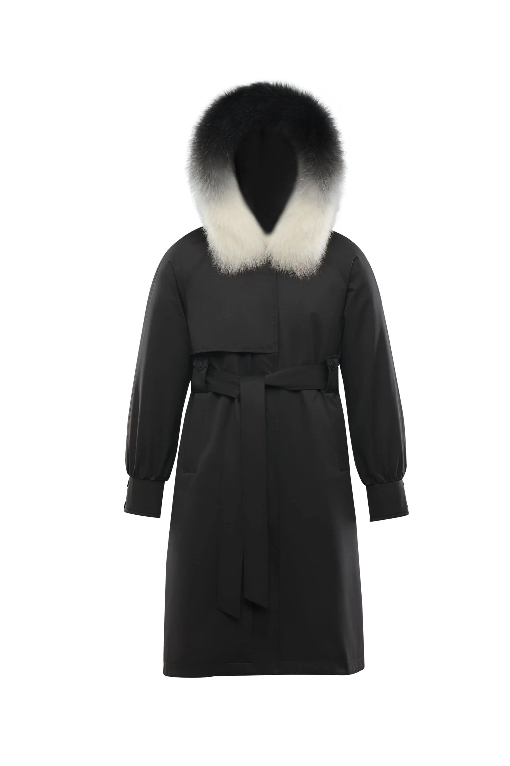 Hooded Trench Coat with Fur Trim