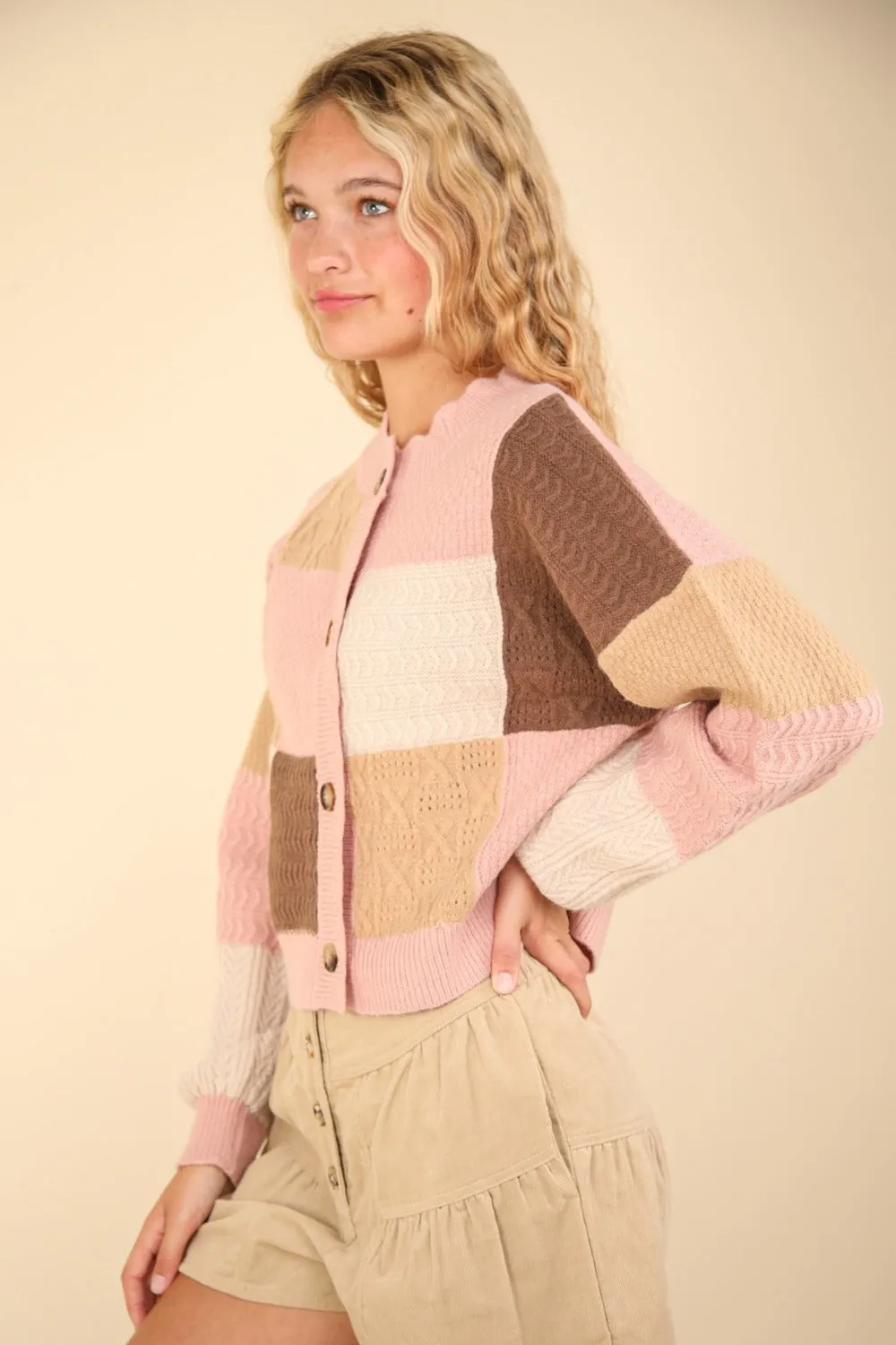 Hot Girl Funky Town Color Block Textured Cotton Cardigan In Blush