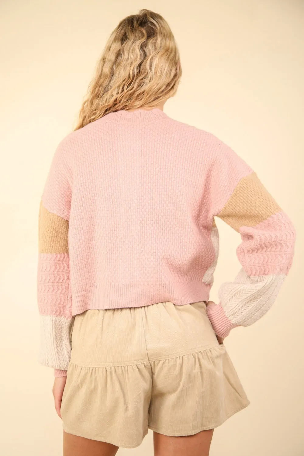 Hot Girl Funky Town Color Block Textured Cotton Cardigan In Blush