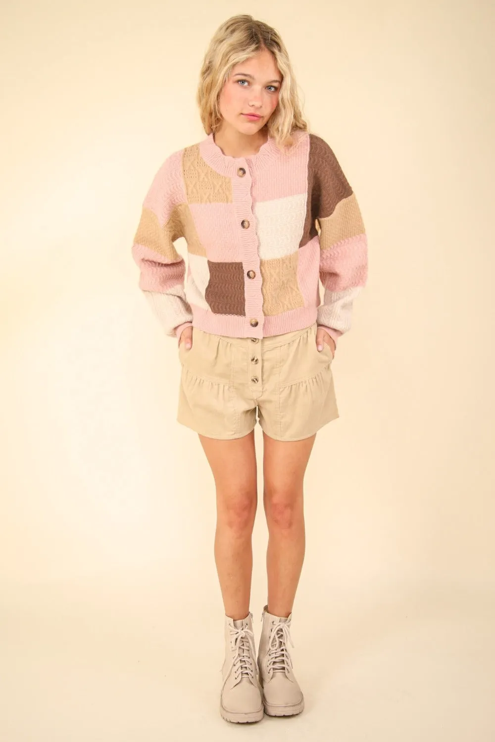 Hot Girl Funky Town Color Block Textured Cotton Cardigan In Blush