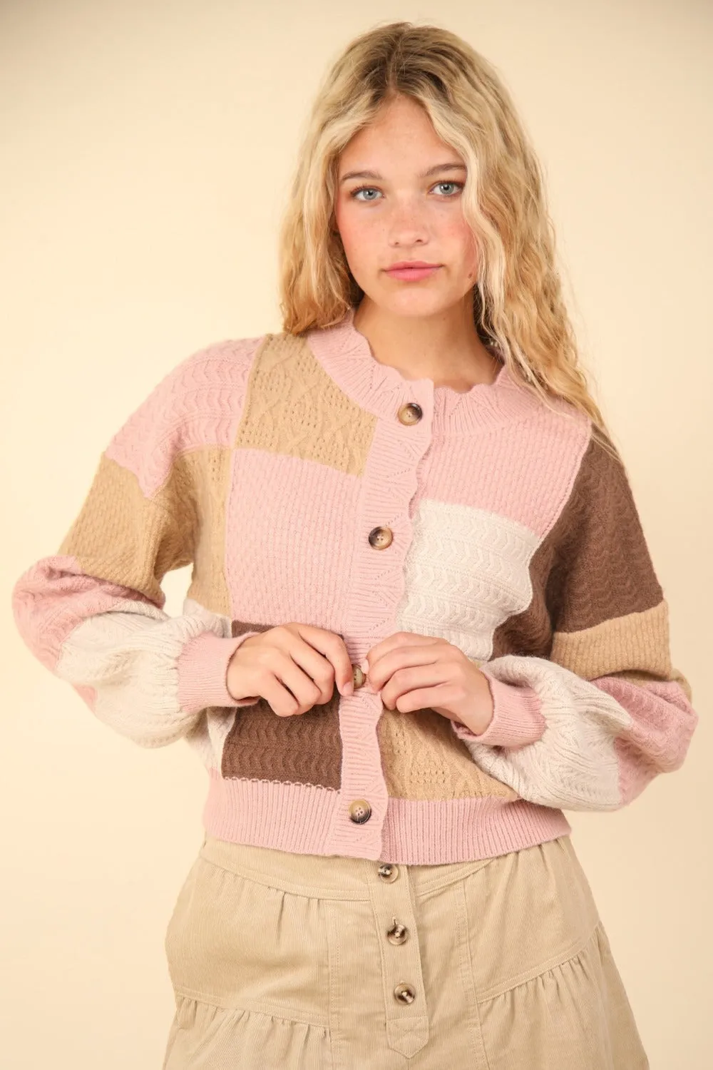 Hot Girl Funky Town Color Block Textured Cotton Cardigan In Blush