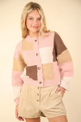 Hot Girl Funky Town Color Block Textured Cotton Cardigan In Blush