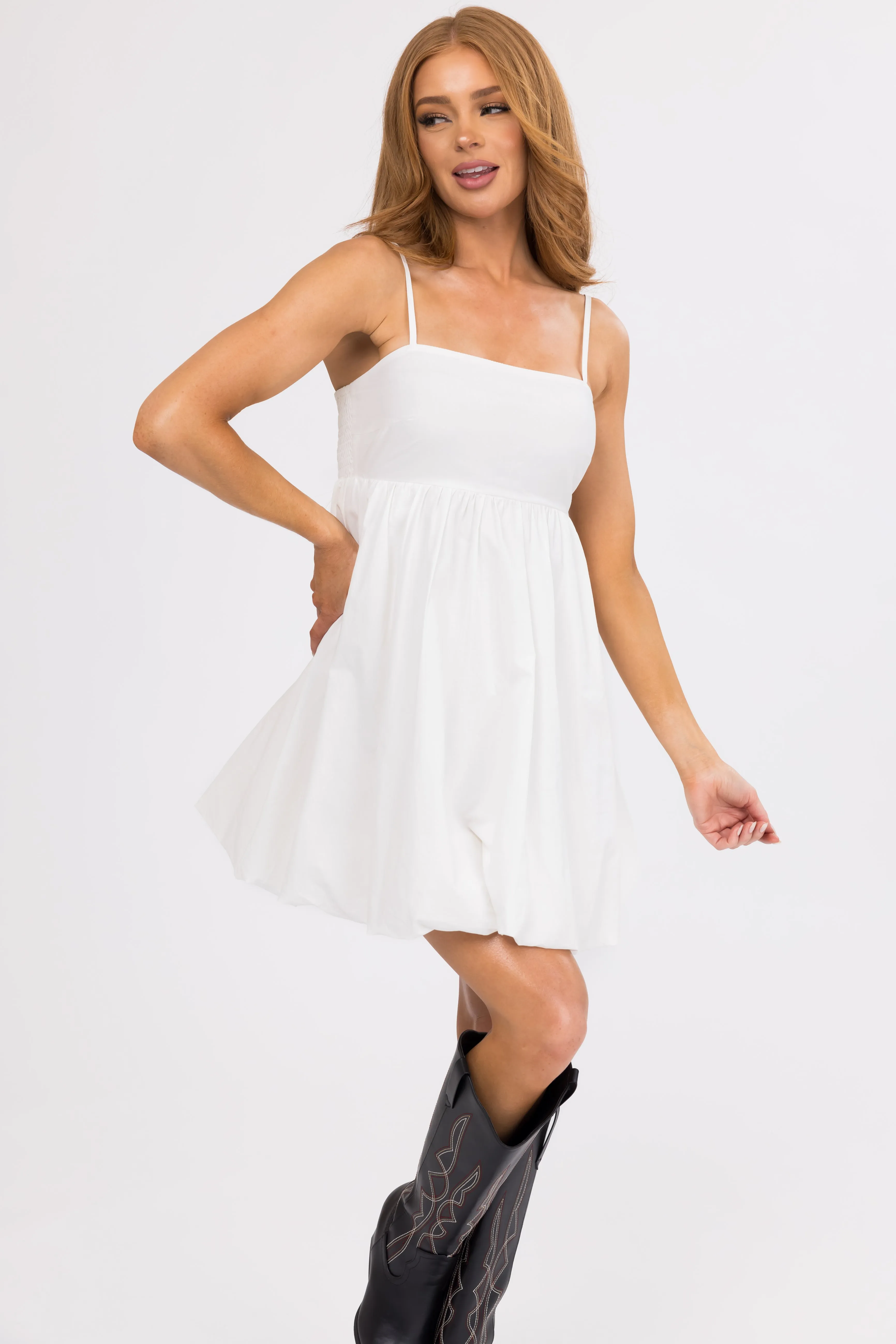 Ivory Sleeveless Babydoll Smocked Mini Dress