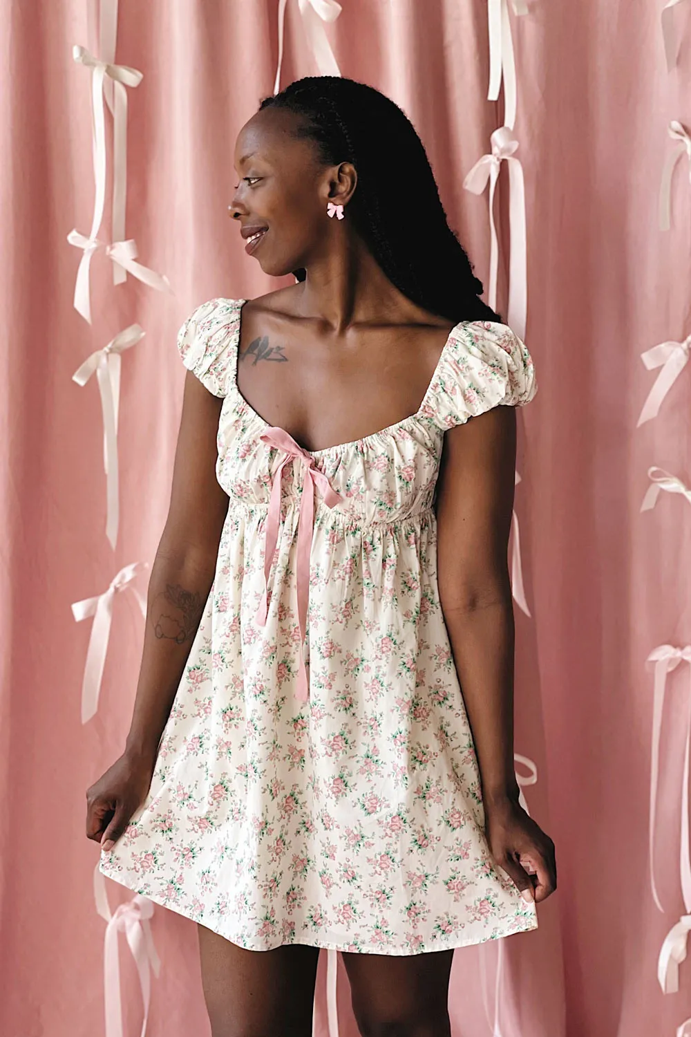 Junia | Short Floral Babydoll Dress w/ Bow