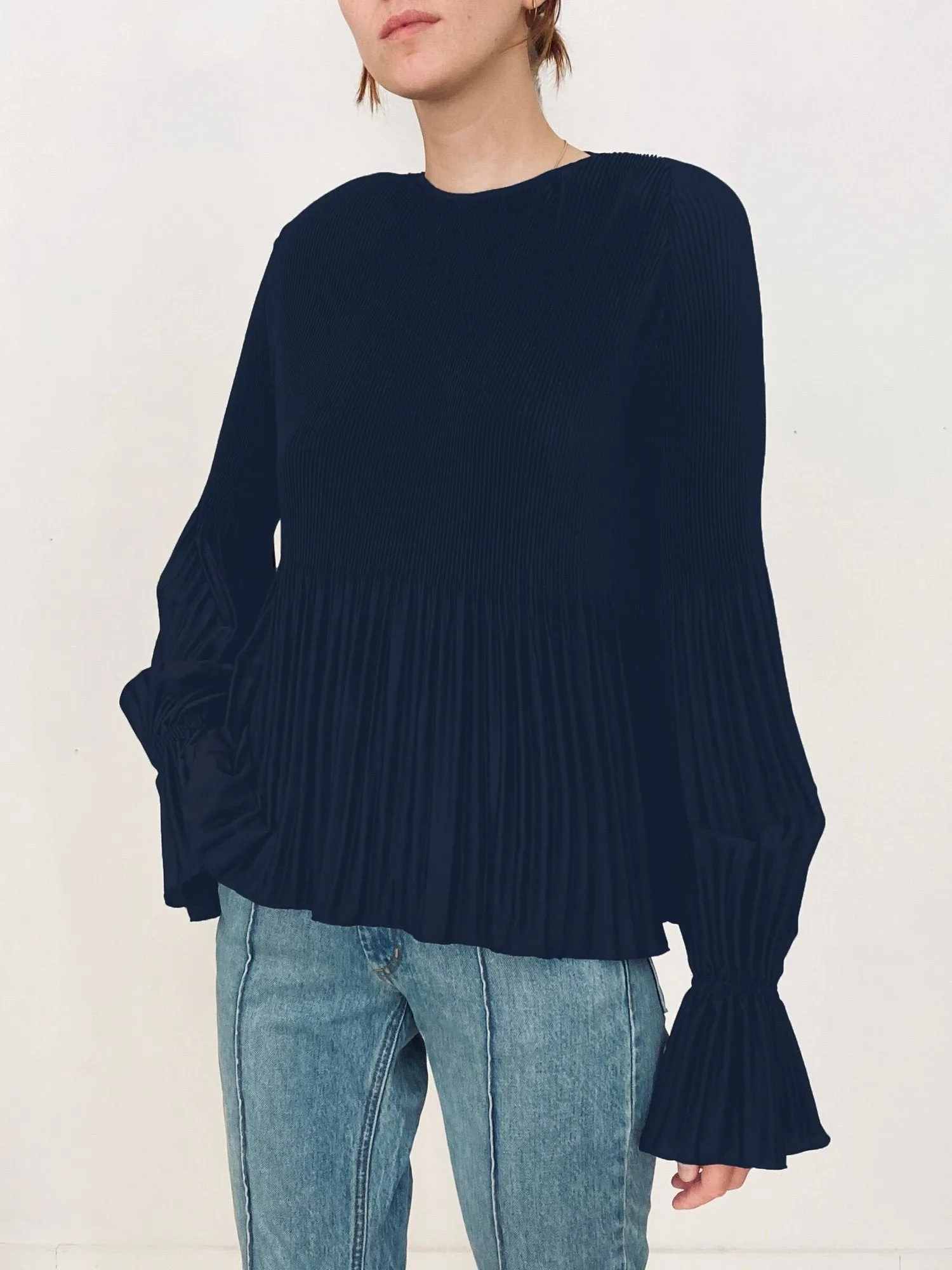 Kallmeyer Navy Crepe Pleat and Release Romance Top