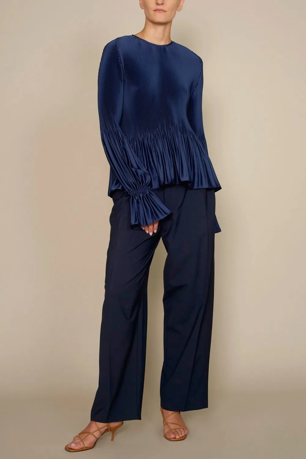 Kallmeyer Navy Crepe Pleat and Release Romance Top