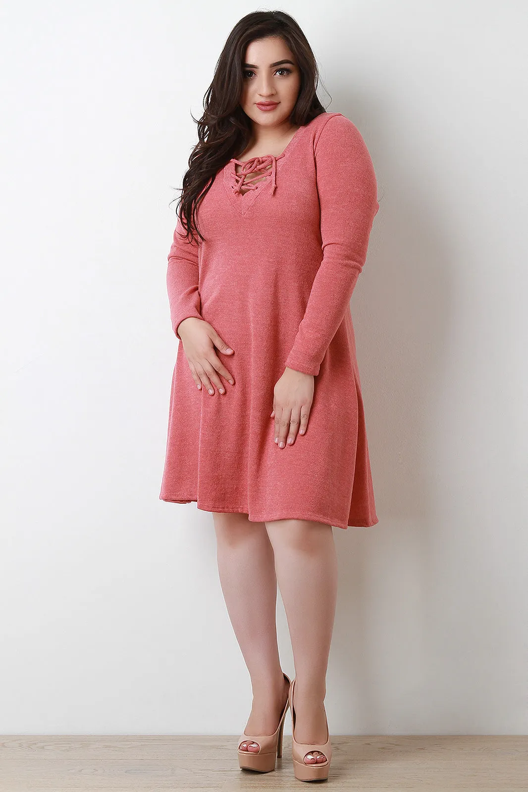 Lace Up V Neck Long Sleeve Sweater Dress