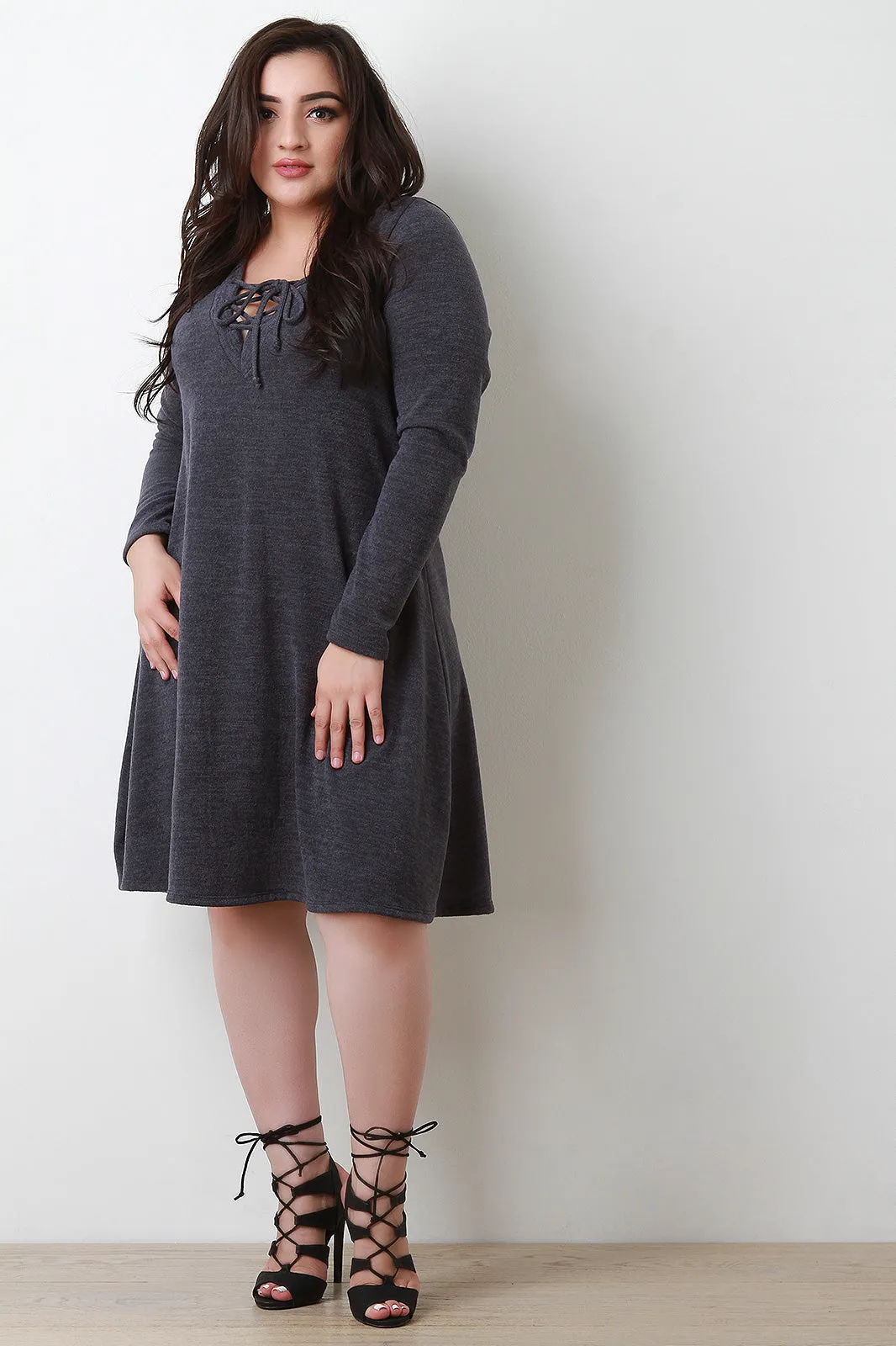 Lace Up V Neck Long Sleeve Sweater Dress