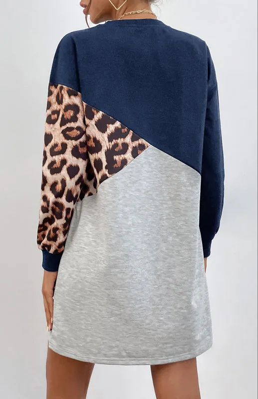 Ladies Patchwork Crew Neck Long T-Shirt Leopard Print Sweater Dress