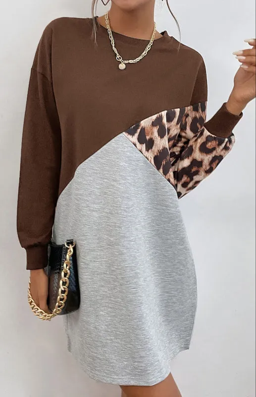 Ladies Patchwork Crew Neck Long T-Shirt Leopard Print Sweater Dress