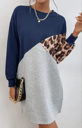 Ladies Patchwork Crew Neck Long T-Shirt Leopard Print Sweater Dress