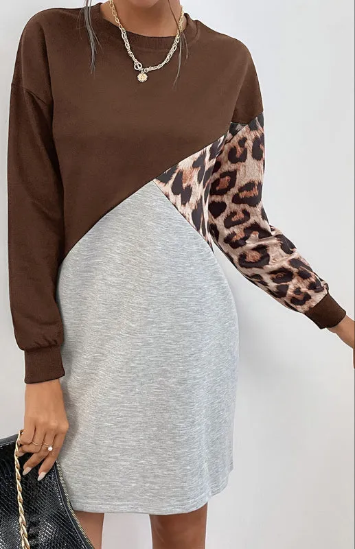 Ladies Patchwork Crew Neck Long T-Shirt Leopard Print Sweater Dress